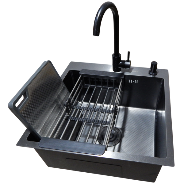 Комплект кухонної мийки Kraft HM 50х50 NANO BLACK (DECOR) PVD (3.0/1.0 мм) S4955 фото