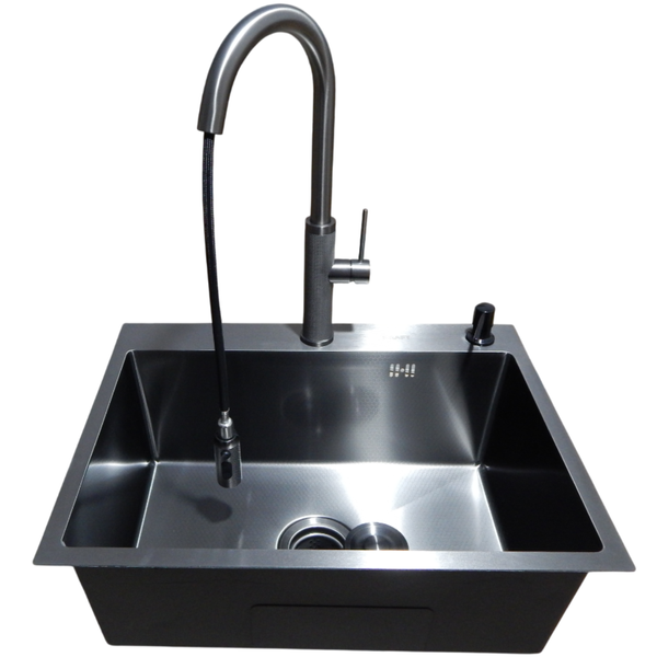 Комплект кухонной мойки Kraft NANO BLACK PVD Декор HS60*45 (3.0/1.0 мм)+Смеситель для кухни с выдвижным шлангом S3723 фото