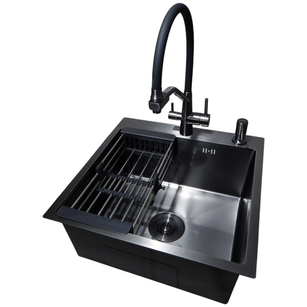 Комплект кухонной мойки Kraft HM 50х50 NANO BLACK PVD (3.0/1.0 мм) DEKOR S3572 фото