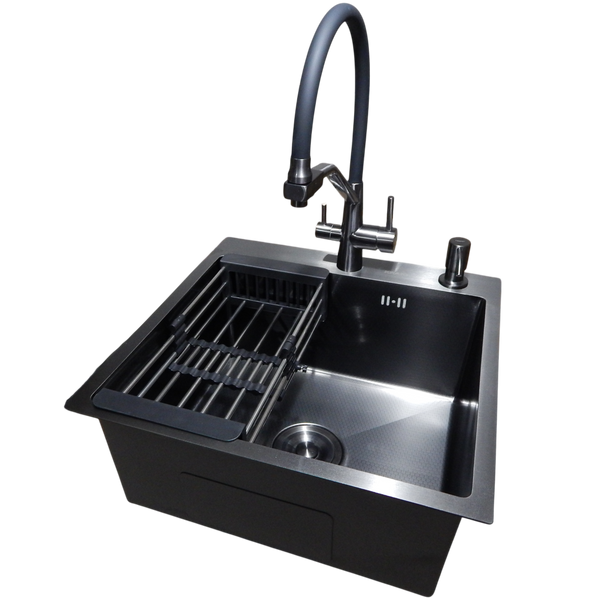 Комплект кухонной мойки Kraft HM 50х50 NANO BLACK PVD (3.0/1.0 мм) DEKOR S3572 фото