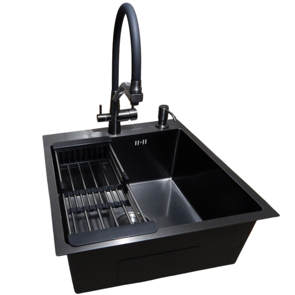 Комплект кухонной мойки Kraft HM 50х50 NANO BLACK PVD (3.0/1.0 мм) DEKOR S3572 фото