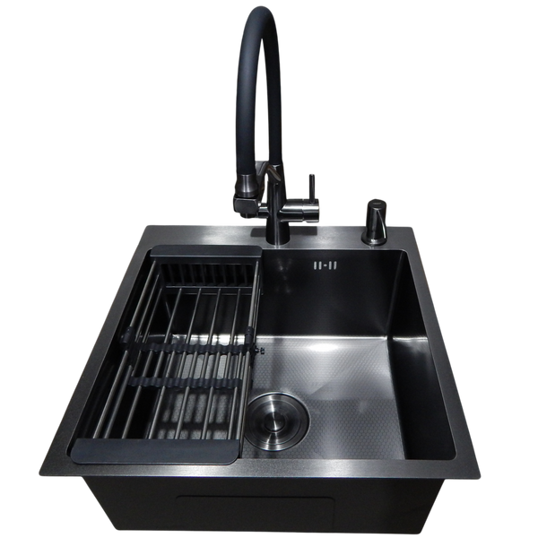 Комплект кухонной мойки Kraft HM 50х50 NANO BLACK PVD (3.0/1.0 мм) DEKOR S3572 фото