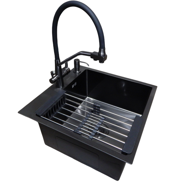 Комплект кухонной мойки Kraft HM 50х50 NANO BLACK PVD (3.0/1.0 мм) DEKOR S3572 фото