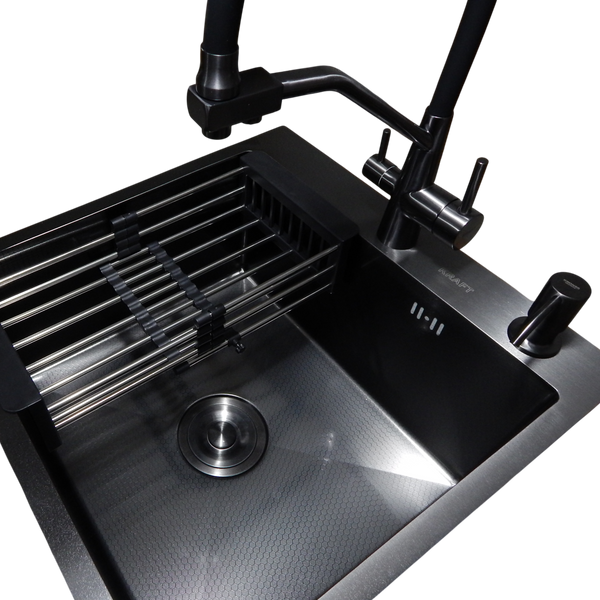 Комплект кухонной мойки Kraft HM 50х50 NANO BLACK PVD (3.0/1.0 мм) DEKOR S3572 фото