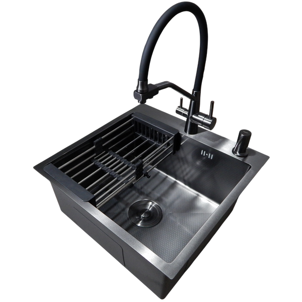 Комплект кухонной мойки Kraft HM 50х50 NANO BLACK PVD (3.0/1.0 мм) DEKOR S3572 фото