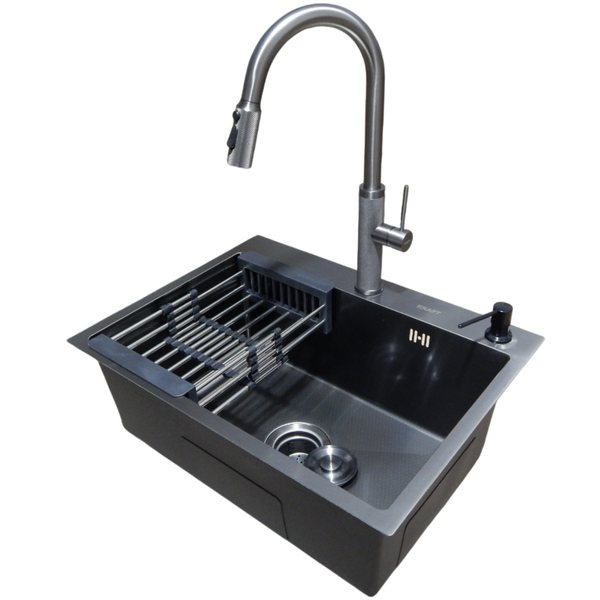 Комплект кухонной мойки Kraft NANO BLACK PVD Декор HS60*45 (3.0/1.0 мм)+Смеситель для кухни с выдвижным шлангом S3723 фото