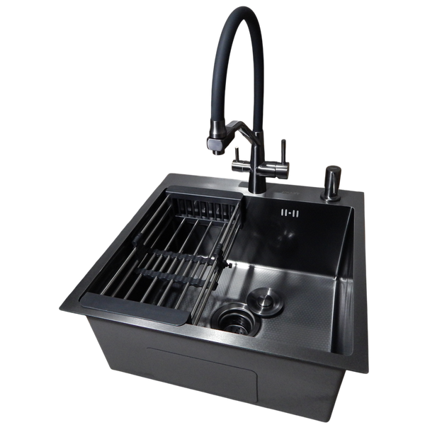 Комплект кухонной мойки Kraft HM 50х50 NANO BLACK PVD (3.0/1.0 мм) DEKOR S3572 фото