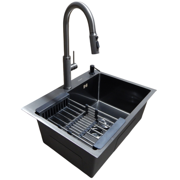 Комплект кухонной мойки Kraft NANO BLACK PVD Декор HS60*45 (3.0/1.0 мм)+Смеситель для кухни с выдвижным шлангом S3723 фото