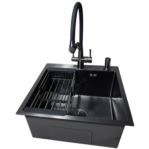Комплект кухонной мойки Kraft HM 50х50 NANO BLACK PVD (3.0/1.0 мм) DEKOR S3572 фото