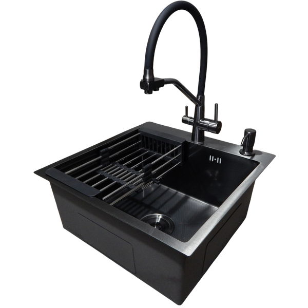 Комплект кухонной мойки Kraft HM 50х50 NANO BLACK PVD (3.0/1.0 мм) DEKOR S3572 фото