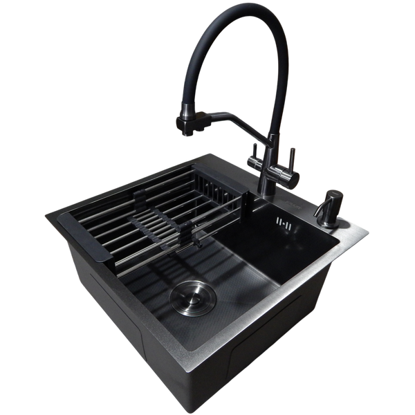 Комплект кухонной мойки Kraft HM 50х50 NANO BLACK PVD (3.0/1.0 мм) DEKOR S3572 фото