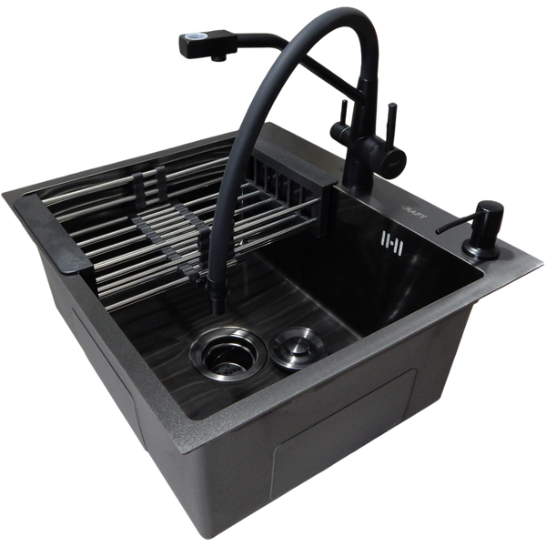 Комплект кухонної мийки Kraft HS 540Х480 NANO BLACK PVD (3.0/1.0 мм) S3573 фото