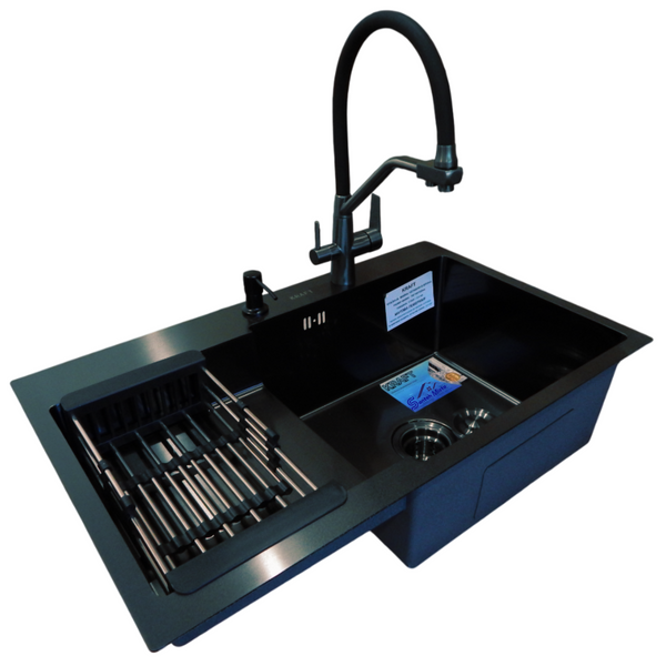 Комплект кухонной мойки Kraft&nbsp;HM&nbsp;NANO BLACK - 7848ALB&nbsp;PVD&nbsp;(3.0/1.0 мм) S4855 фото