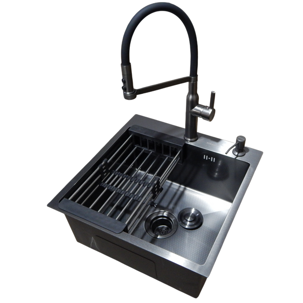 Комплект кухонной мойки Kraft NANO BLACK PVD Декор HS50*50 (3.0/1.0 мм)+Змішувач для кухні Kroner KRP Ersel - GRP03112BLK S5020 фото