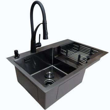 Комплект кухонной мойки Kraft&nbsp;HM&nbsp;NANO BLACK - 7848ALB&nbsp;PVD&nbsp;(3.0/1.0 мм) S5115 фото