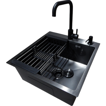 Комплект кухонної мийки Kraft HM 50х50 NANO BLACK PVD (3.0/1.0 мм) декор S3676 фото