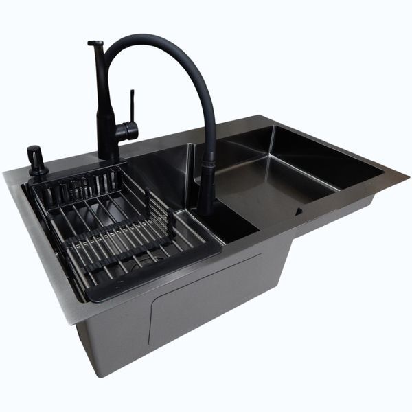 Комплект кухонной мойки Kraft&nbsp;HM&nbsp;NANO BLACK - 7848ALB&nbsp;PVD&nbsp;(3.0/1.0 мм) S5115 фото