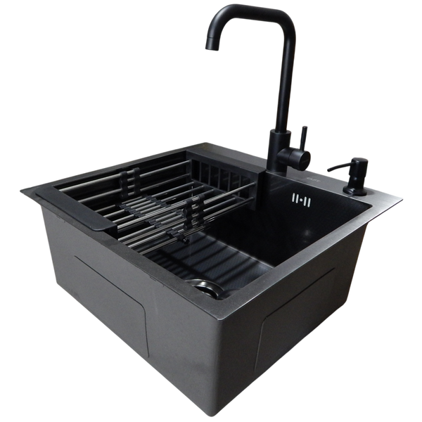 Комплект кухонної мийки Kraft HM 50х50 NANO BLACK PVD (3.0/1.0 мм) декор S3676 фото