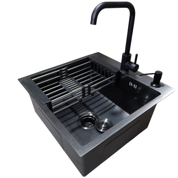 Комплект кухонної мийки Kraft HM 50х50 NANO BLACK PVD (3.0/1.0 мм) декор S3676 фото