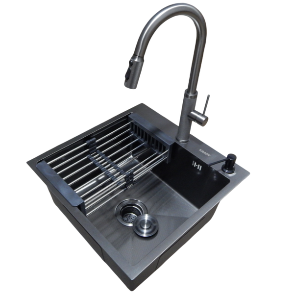 Комплект кухонной мойки Kraft NANO BLACK PVD Декор HS50*50 (3.0/1.0 мм)+Смеситель для кухни с выдвижным шлангом S3726 фото
