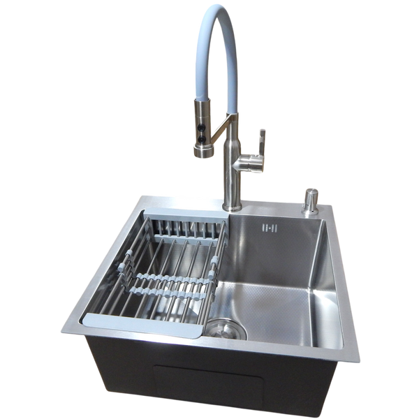 Комплект кухонної мийки Kraft KRF 5050 decor (3.0/1.0 мм)+Змішувач для кухні з гнучким виливом Pllen&oacute; Lazio BLK17 spazzolato S7230 фото