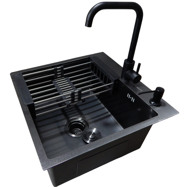 Комплект кухонної мийки Kraft HM 50х50 NANO BLACK PVD (3.0/1.0 мм) декор S3676 фото