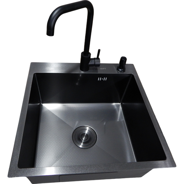 Комплект кухонної мийки Kraft HM 50х50 NANO BLACK PVD (3.0/1.0 мм) декор S3676 фото