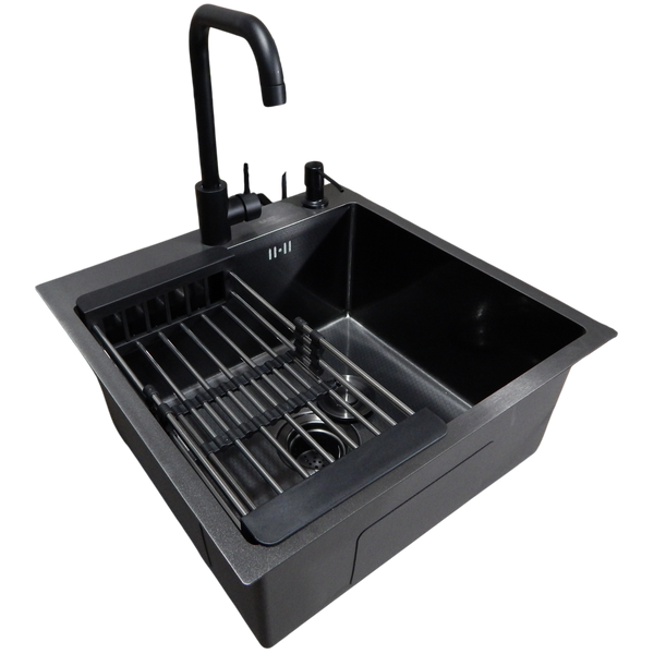 Комплект кухонної мийки Kraft HM 50х50 NANO BLACK PVD (3.0/1.0 мм) декор S3676 фото
