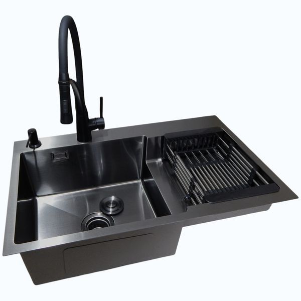 Комплект кухонной мойки Kraft&nbsp;HM&nbsp;NANO BLACK - 7848ALB&nbsp;PVD&nbsp;(3.0/1.0 мм) S5115 фото