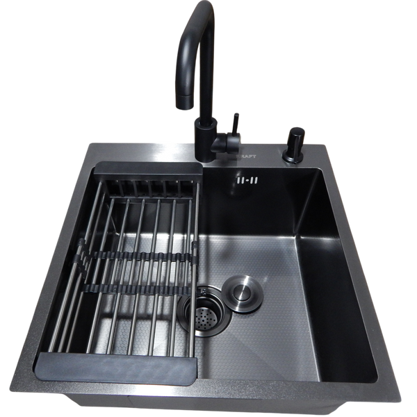 Комплект кухонної мийки Kraft HM 50х50 NANO BLACK PVD (3.0/1.0 мм) декор S3676 фото