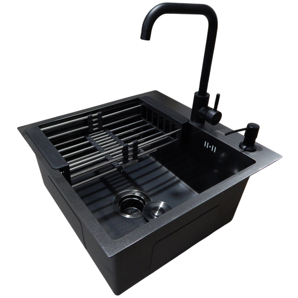 Комплект кухонної мийки Kraft HM 50х50 NANO BLACK PVD (3.0/1.0 мм) декор S3676 фото
