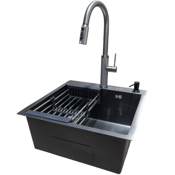 Комплект кухонной мойки Kraft NANO BLACK PVD Декор HS50*50 (3.0/1.0 мм)+Смеситель для кухни с выдвижным шлангом S3726 фото