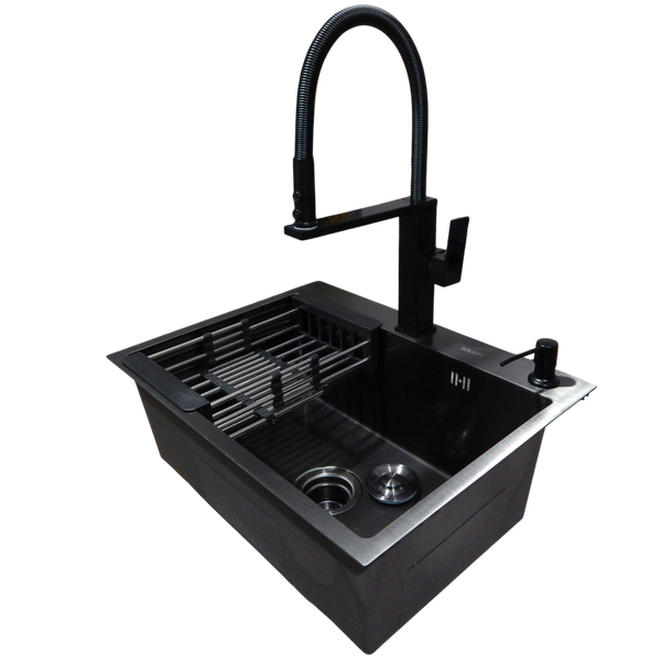 Комплект кухонної мийки Kraft NANO BLACK PVD HS60*45 (3.0/1.0 мм) декор S4941 фото