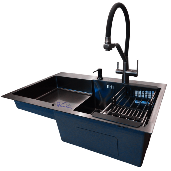 Комплект кухонной мойки Kraft&nbsp;HM&nbsp;NANO BLACK - 7848ALB&nbsp;PVD&nbsp;(3.0/1.0 мм) S3626 фото