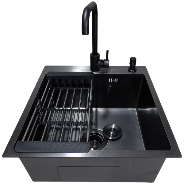 Комплект кухонної мийки Kraft HM 50х50 NANO BLACK PVD (3.0/1.0 мм) декор S3676 фото