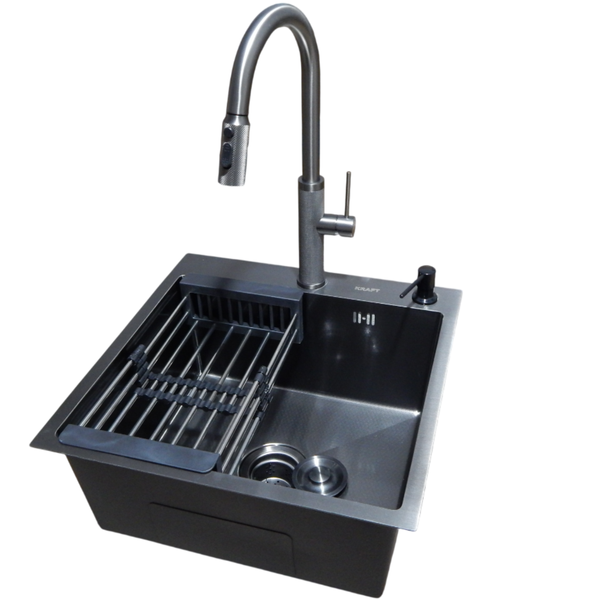 Комплект кухонной мойки Kraft NANO BLACK PVD Декор HS50*50 (3.0/1.0 мм)+Смеситель для кухни с выдвижным шлангом S3726 фото
