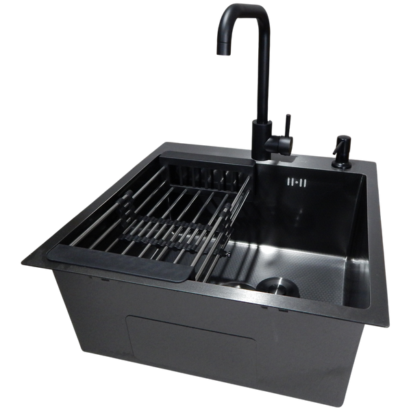 Комплект кухонної мийки Kraft HM 50х50 NANO BLACK PVD (3.0/1.0 мм) декор S3676 фото
