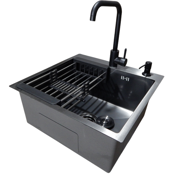 Комплект кухонної мийки Kraft HM 50х50 NANO BLACK PVD (3.0/1.0 мм) декор S3676 фото