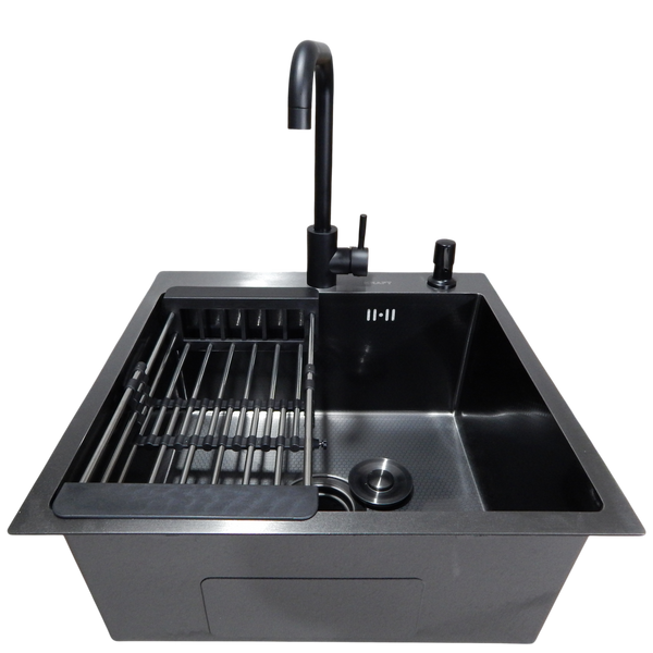Комплект кухонної мийки Kraft HM 50х50 NANO BLACK PVD (3.0/1.0 мм) декор S3676 фото