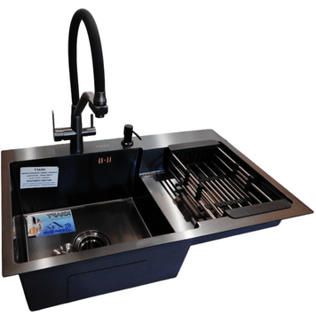 Комплект кухонної мийки Kraft HM&nbsp;NANO BLACK - 7848ALB&nbsp;PVD&nbsp;(3.0/1.0 мм) S3628 фото