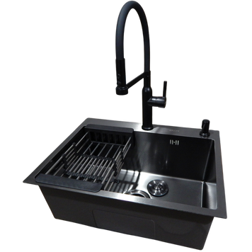 Комплект кухонної мийки Kraft NANO BLACK PVD HS 540*480мм Декор (3.0/1.0 мм)+Змішувач для кухні Kroner KRP Ersel - SCH03112BLK S3678 фото