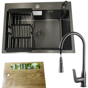 Комплект кухонної мийки Kraft NANO BLACK PVD HS60*45 (3.0/1.0 мм)+Змішувач для кухніз висувним виливом S5008 фото