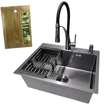Комплект кухонной мойки Kraft NANO BLACK PVD HS60*45 Декор (3.0/1.0 мм)+Змішувач для кухні Kroner KRP Ersel - GRP03393BLK S4885 фото