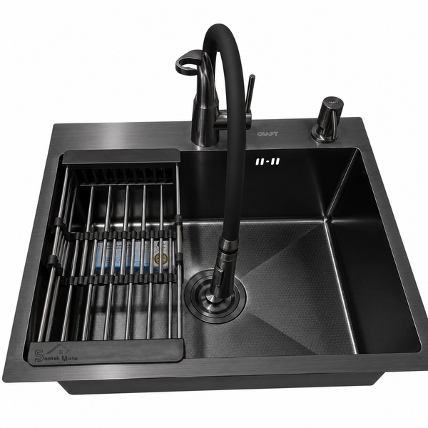 Комплект кухонной мойки Kraft NANO BLACK PVD HS60*45 Декор (3.0/1.0 мм)+Змішувач для кухні Kroner KRP Ersel - GRP03393BLK S4885 фото