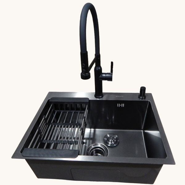 Комплект кухонной мойки Kraft NANO BLACK PVD HS 540*480мм Декор (3.0/1.0 мм)+Смеситель для кухни Kroner KRP Ersel &ndash; SCH03112BLK S3678 фото