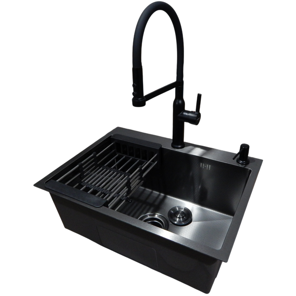 Комплект кухонной мойки Kraft NANO BLACK PVD HS 540*480мм Декор (3.0/1.0 мм)+Смеситель для кухни Kroner KRP Ersel &ndash; SCH03112BLK S3678 фото