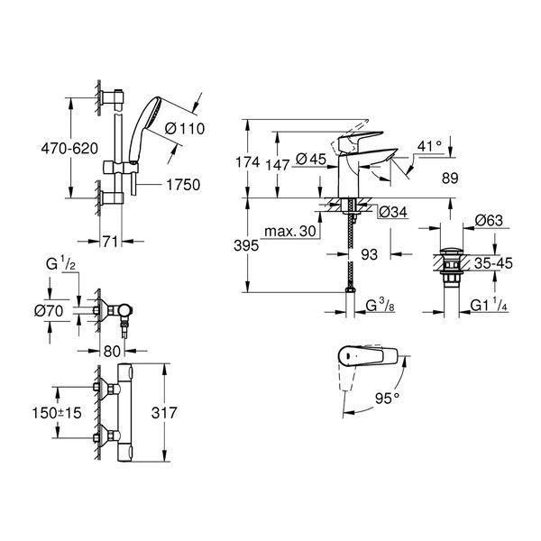 Набор смесителей Grohe Quickfix термостат для душа с душевым гарнитуром Precision Flow THM и смеситель для раковины StartEdge S-Size UA202503TE CV030628 фото