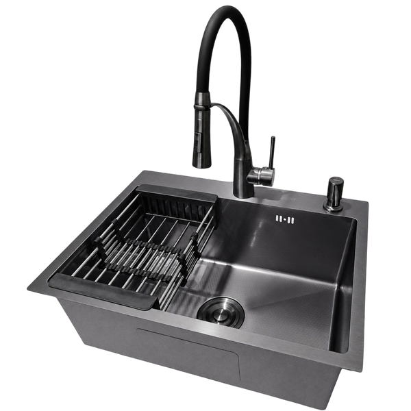 Комплект кухонной мойки Kraft NANO BLACK PVD HS60*45 Декор (3.0/1.0 мм)+Змішувач для кухні Kroner KRP Ersel - GRP03393BLK S4885 фото