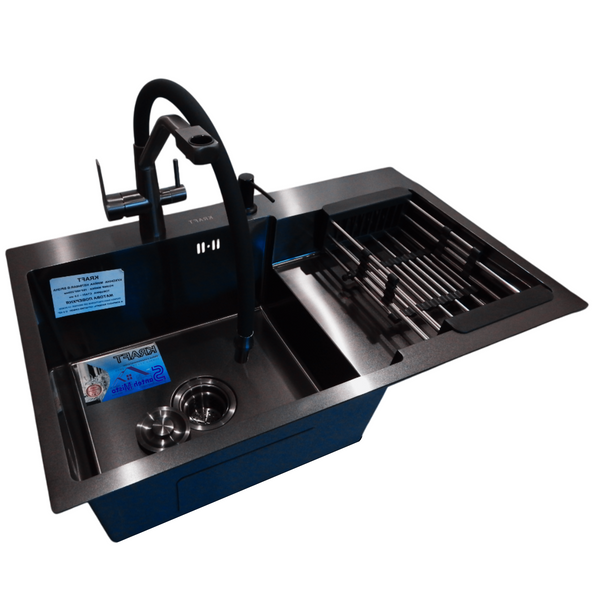 Комплект кухонної мийки Kraft HM&nbsp;NANO BLACK - 7848ALB&nbsp;PVD&nbsp;(3.0/1.0 мм) S3628 фото
