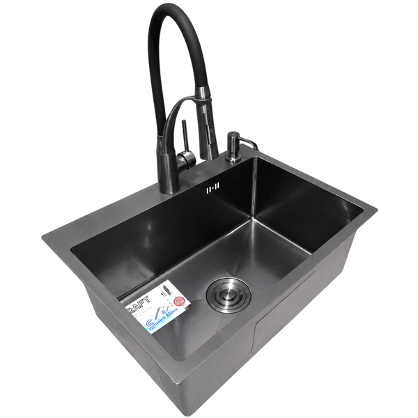 Комплект кухонной мойки Kraft NANO BLACK PVD HS60*45 Декор (3.0/1.0 мм)+Змішувач для кухні Kroner KRP Ersel - GRP03393BLK S4885 фото